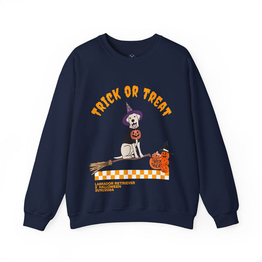 "Trick or treat" Funny Labrador Retriever Halloween Sweatshirt, Sweatshirt for Labrador Retriever Lovers, Halloween's Gift for the Labrador Retriever Owner, Unisex Blend™ Crewneck Sweatshirt.