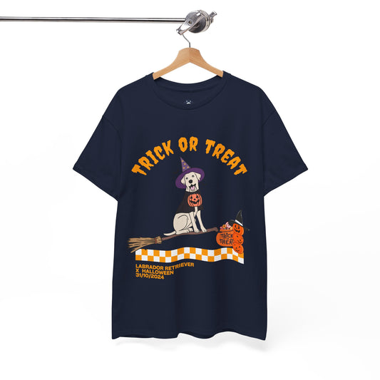 "Trick or treat" Funny Labrador Retriever Halloween T-shirt, T-shirt for Labrador Retriever Lovers, Halloween's Gift for the Labrador Retriever Owner, Unisex Cotton Tee.