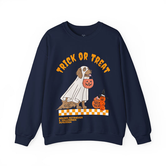 "Trick or treat" Funny Golden Retriever Halloween Sweatshirt, Sweatshirt for Golden Retriever Lovers, Halloween's Gift for the Golden Retriever Owner, Unisex Blend™ Crewneck Sweatshirt.