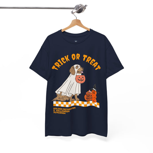 "Trick or treat" Funny Golden Retriever Halloween T-shirt, T-shirt for Golden Retriever Lovers, Halloween's Gift for the Golden Retriever Owner, Unisex Cotton Tee.