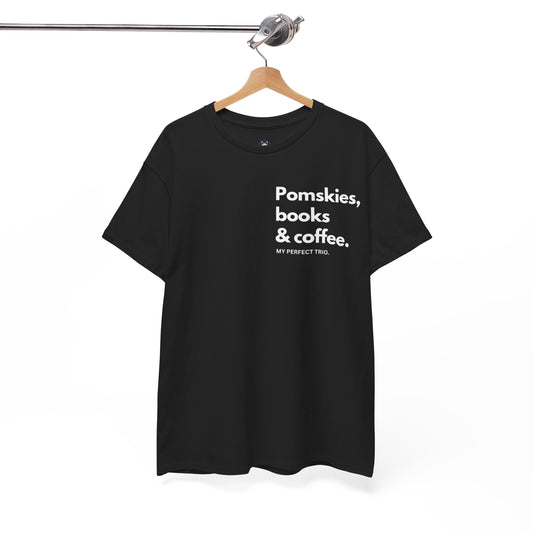 Pomskies, Books & Coffee: My Perfect Trio T-shirt, Funny Pomsky T-shirt, T-shirt for Pomsky Lovers, Unisex Cotton Tee